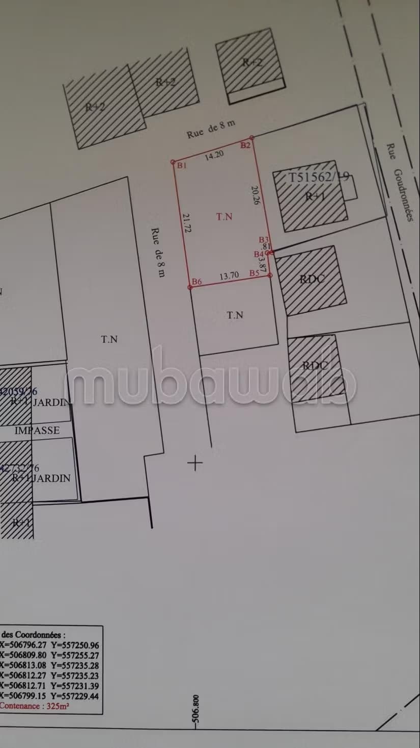 Terrain nu de 325 m2 avec deux façades Prix: 4200DH M2