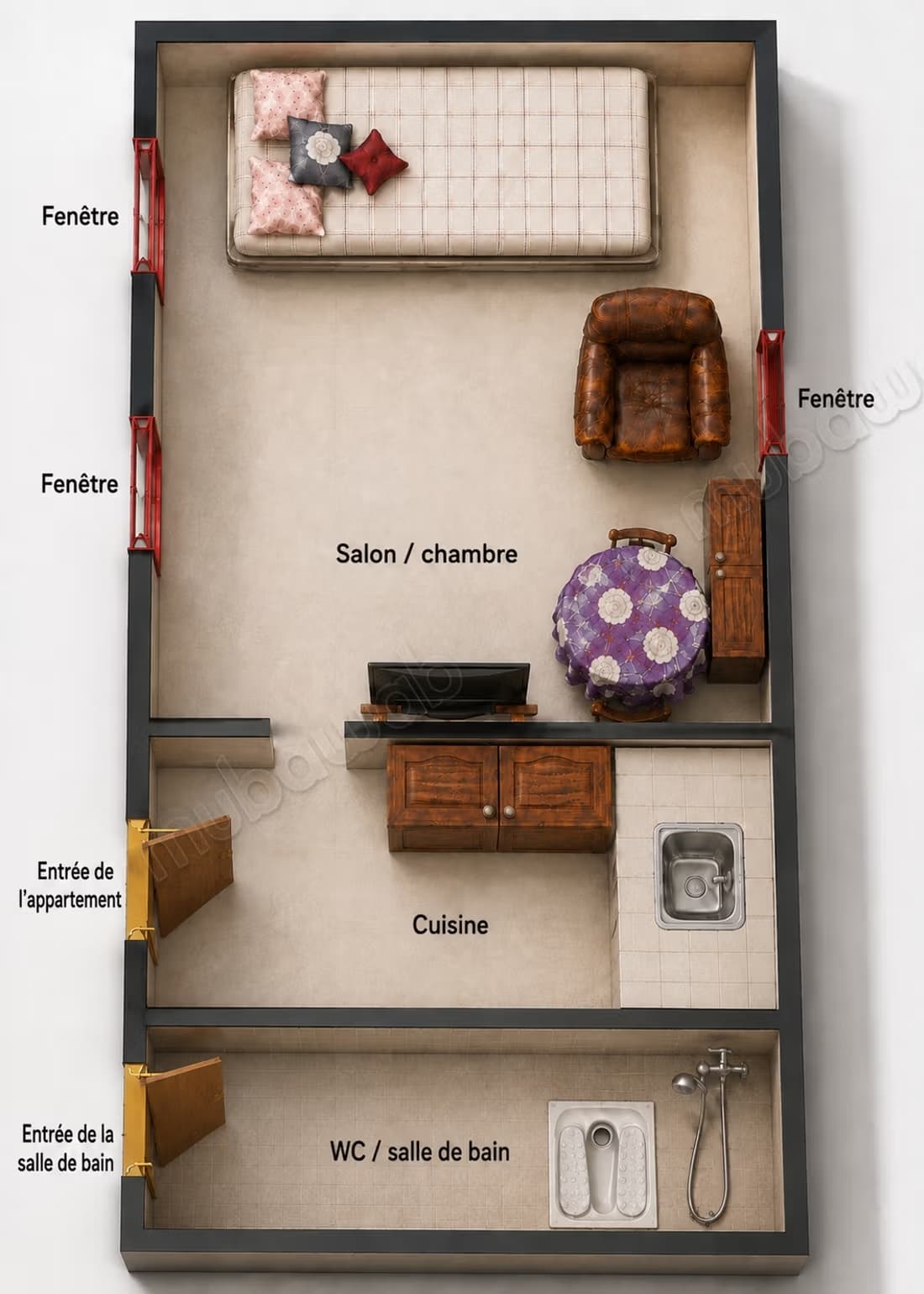 Studio nr 2 meublé pour femme fés